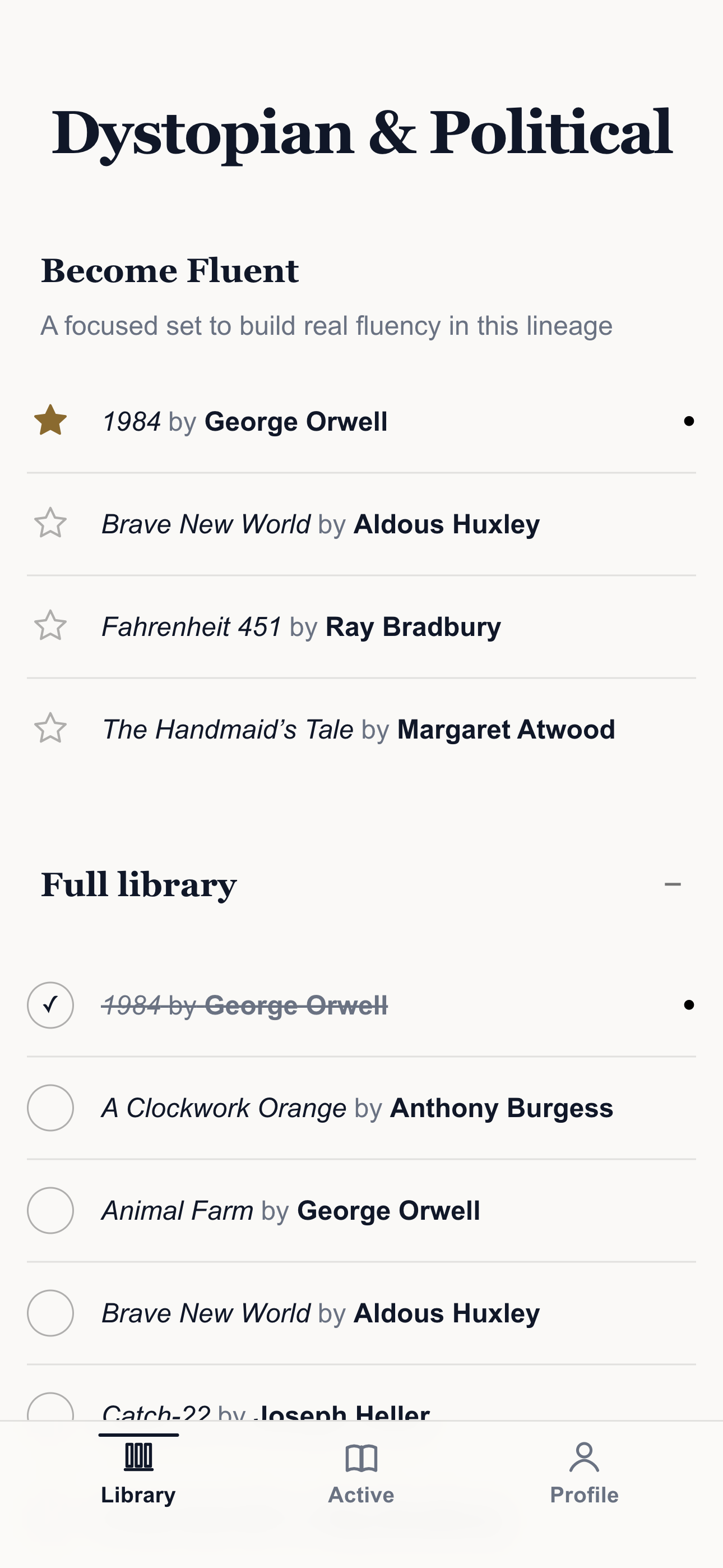 Dystopian and political category showing fluent books and full library