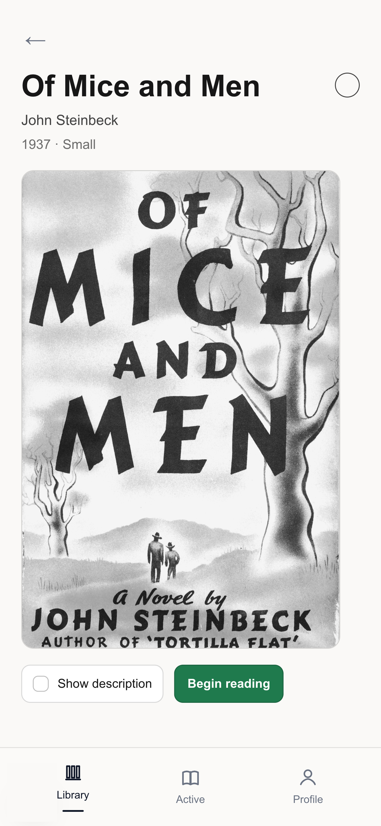 Single book page showing size and book details